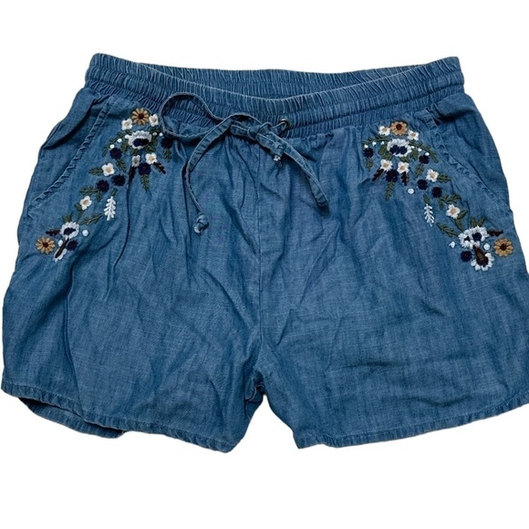 Blue Rain Lyocell Floral Embroidered Pull On Comfy Elastic Waistband Pockets - Picture 1 of 6